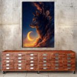 Tableau loup nuit au croissant de lune