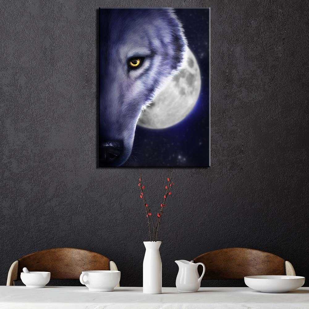 Tableau demi-tête de loup pleine lune Tableau Animaux Tableau Loup