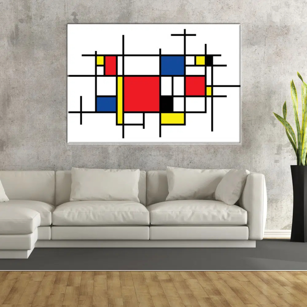 Tableau Mondrian Composition Large. Bonne qualité, original, accrochée sur un mur au dessus d'un canapé dans un salon