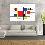 Tableau Mondrian Composition Large. Bonne qualité, original, accrochée sur un mur au dessus d'un canapé dans un salon
